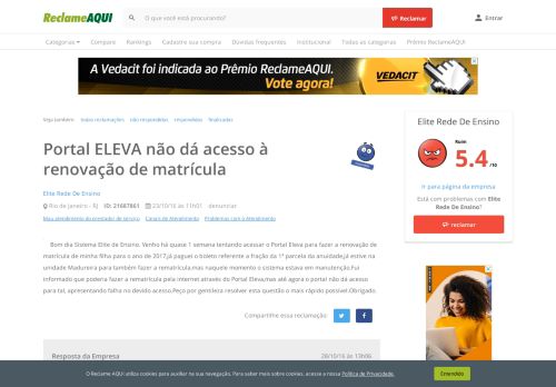 
                            13. Reclame Aqui - Sistema Elite de Ensino - Portal ELEVA não dá ...