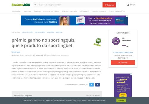 
                            10. Reclame Aqui - Sportingbet - prêmio ganho no sportingquiz, que é ...