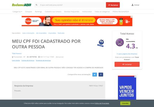 
                            8. Reclame Aqui - Total Acesso - MEU CPF FOI CADASTRADO POR ...