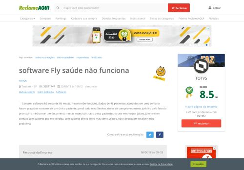 
                            7. Reclame Aqui - TOTVS - software Fly saúde não funciona