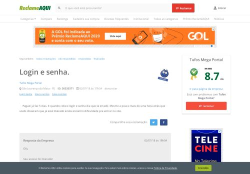 
                            6. Reclame Aqui - Tufos Mega Portal - Login e senha.