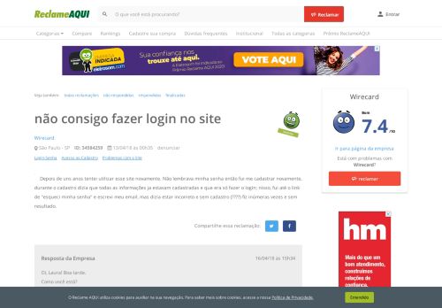 
                            10. Reclame Aqui - Wirecard - não consigo fazer login no site