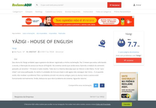 
                            11. Reclame Aqui - Yázigi - YÁZIGI - HOUSE OF ENGLISH