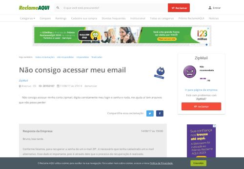 
                            7. Reclame Aqui - ZipMail - Não consigo acessar meu email