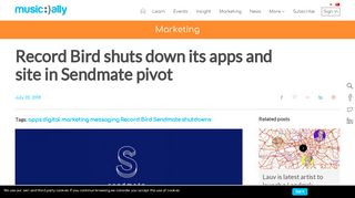 
                            11. Record Bird shuts down its apps and site in Sendmate pivot - Music Ally