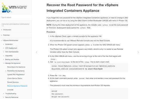 
                            13. Recover Appliance Password · VMware vSphere Integrated ...