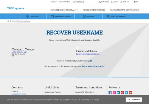 
                            9. Recover username - Login information - TAP Corporate