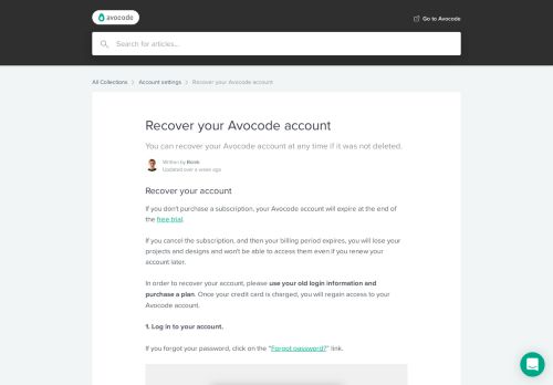 
                            8. Recover your Avocode account | Avocode Help Center