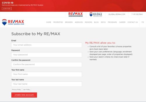 
                            9. Registration page, create account, login page on My RE/MAX Quebec ...