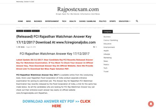 
                            6. {Released} FCI Rajasthan Watchman Answer Key 17/12/2017 ...