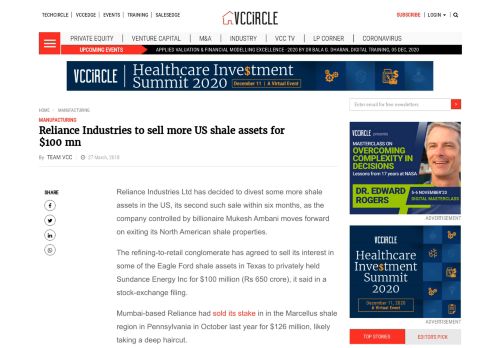 
                            13. Reliance Industries to sell more US shale assets for $100 mn | VCCircle