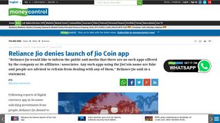 
                            12. Reliance Jio denies launch of Jio Coin app - Moneycontrol.com