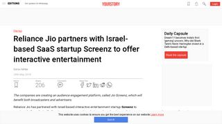 
                            11. Reliance Jio partners with Israel-based SaaS startup Screenz to offer ...