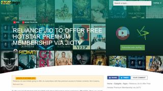 
                            9. Reliance Jio to offer Free Hotstar Premium Membership via JioTV