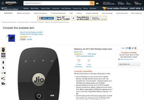 
                            5. Reliance Jio Wi-Fi M2 Wireless Data Card - Amazon.in