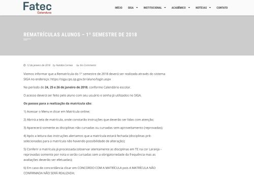 
                            12. REMATRÍCULAS ALUNOS – 1º SEMESTRE DE 2018 – Fatec ...