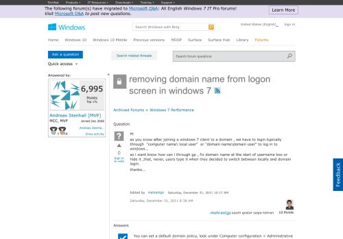 
                            1. removing domain name from logon screen in windows 7 - ...