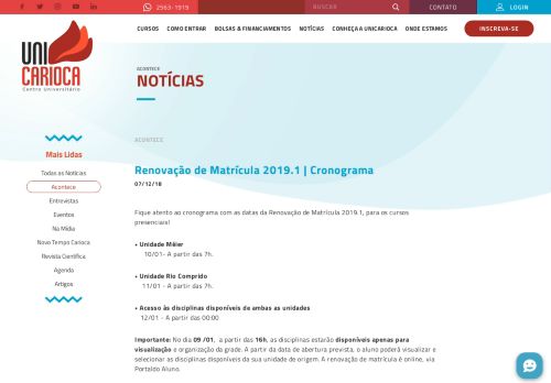 
                            10. Renovação de Matrícula 2019.1 | Cronograma | UniCarioca | Centro ...