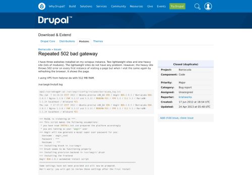 
                            5. Repeated 502 bad gateway [#1643600] | Drupal.org
