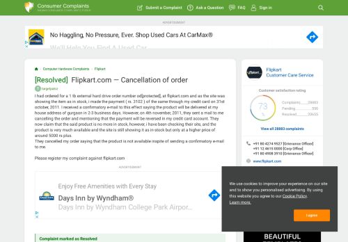 
                            6. [Resolved] Flipkart.com — Cancellation of order