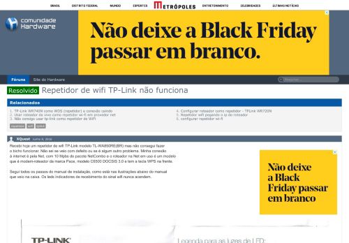 
                            13. Resolvido - Repetidor de wifi TP-Link não funciona - Hardware.com.br