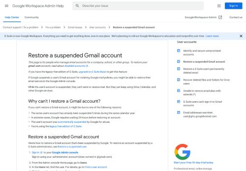 
                            8. Restore a suspended Gmail account - G Suite Admin Help