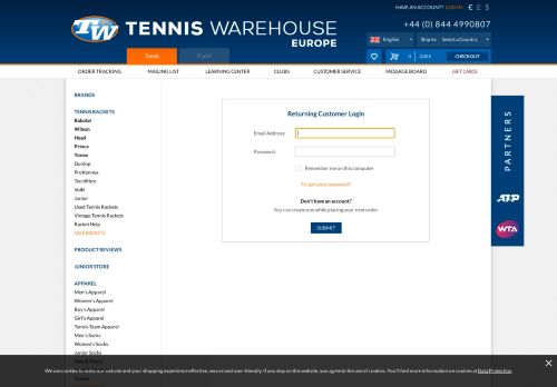 
                            3. Returning Customer Login | Tennis Warehouse Europe
