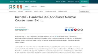 
                            7. Richelieu Hardware Ltd. Announce Normal Course Issuer Bid