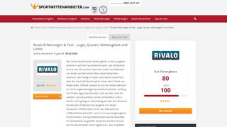 
                            12. Rivalo Erfahrungen & Test - Login, Quoten, Wettangebot und Limits