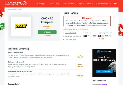 
                            9. Rizk Casino Österreich | 100€ Bonus + 50 Freispiele