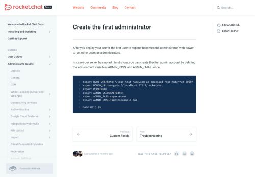 
                            7. Rocket.Chat Documentation - Creating the first administrator