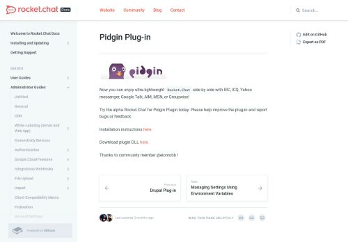 
                            10. Rocket.Chat Documentation - Pidgin Plug-in