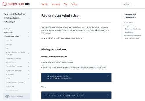 
                            8. Rocket.Chat Documentation - Restoring an Admin User