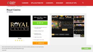 
                            12. Royal Casino: Få 100% på op til 1.000 kr., 50% på 500 kr + 100 gratis ...