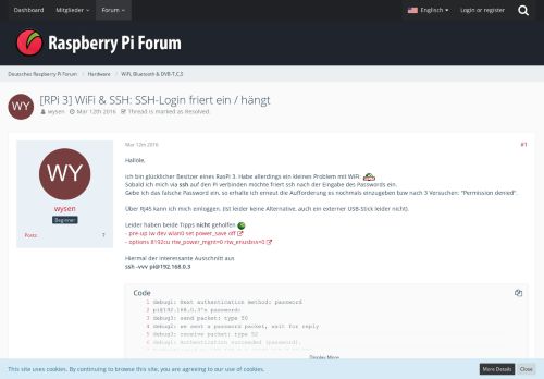 
                            1. [RPi 3] WiFi & SSH: SSH-Login friert ein / hängt - WiFi, Bluetooth ...
