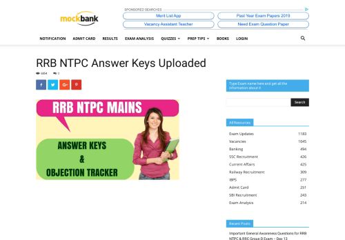 
                            8. RRB NTPC Answer Keys Uploaded and Objection Tracker Issued