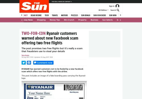 
                            13. Ryanair customers warned about new Facebook scam offering two ...