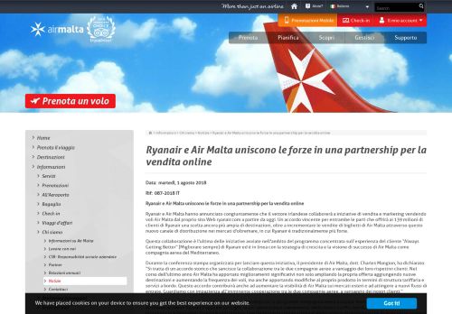 
                            12. Ryanair e Air Malta uniscono le forze in una partnership per la vendita ...