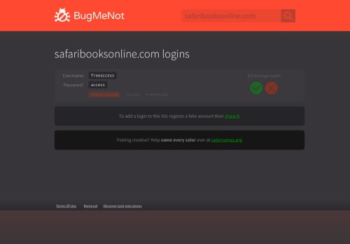 
                            3. safaribooksonline.com passwords - BugMeNot