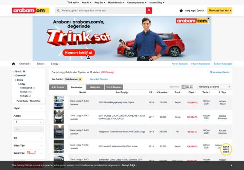 
                            8. Sahibinden DACİA LODGY Araba Fiyatlar Listeleri | arabam.com
