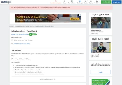 
                            6. Sales Consultant / Travel Agent Job, Lahore, Master Fare  ...