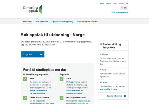 
                            2. Samordna opptak: Søk opptak til høyere utdanning i Norge