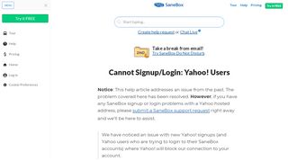 
                            13. SaneBox | Cannot Signup/Login: Yahoo! Users