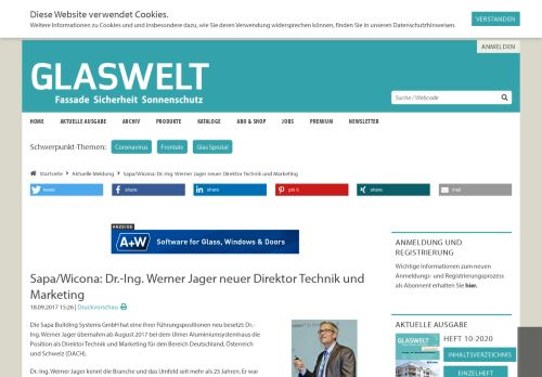 
                            13. Sapa/Wicona: Dr.-Ing. Werner Jager neuer Direktor Technik und ...