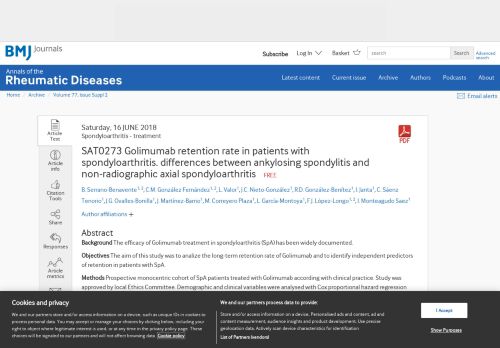 
                            12. SAT0273 Golimumab retention rate in patients with spondyloarthritis ...