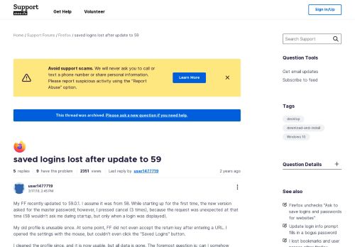 
                            7. saved logins lost after update to 59 | Firefox Support Forum | Mozilla ...