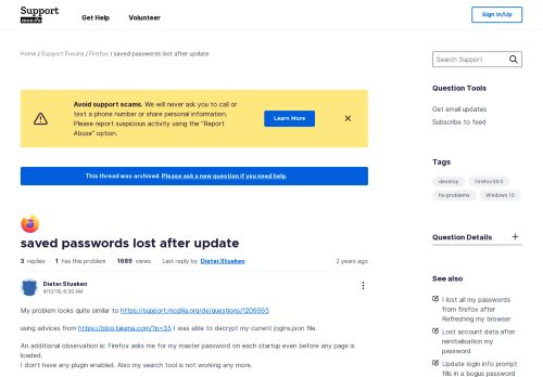 
                            10. saved passwords lost after update | Firefox Support Forum | Mozilla ...