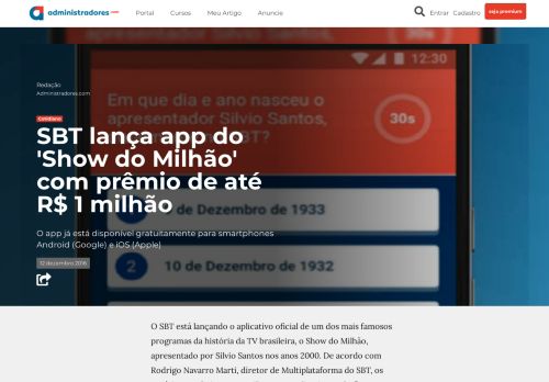 
                            6. SBT lança app do 'Show do Milhão' com prêmio de até R$ 1 milhão ...