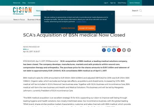 
                            13. SCA's Acquisition of BSN medical Now Closed - PR Newswire