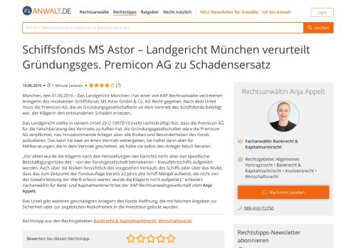 
                            6. Schiffsfonds MS Astor – Landgericht München verurteilt - Anwalt.de
